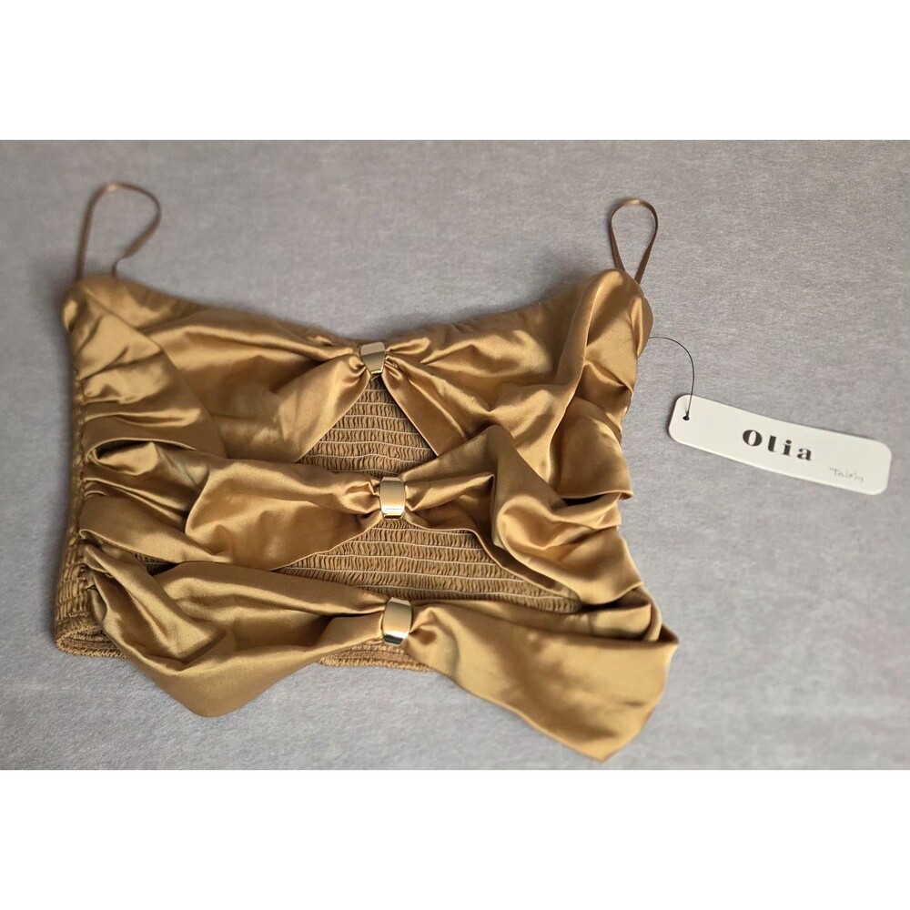 OLIA Satin Bow Cami Top Gold Sz S Smocked Back Women's NWT PROTOTYPE